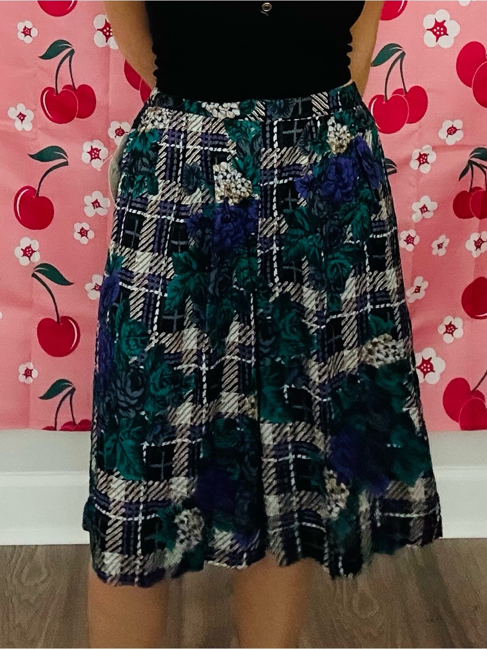 Worthington Black Top with Green and Blue Plaid Floral Midi Skirt